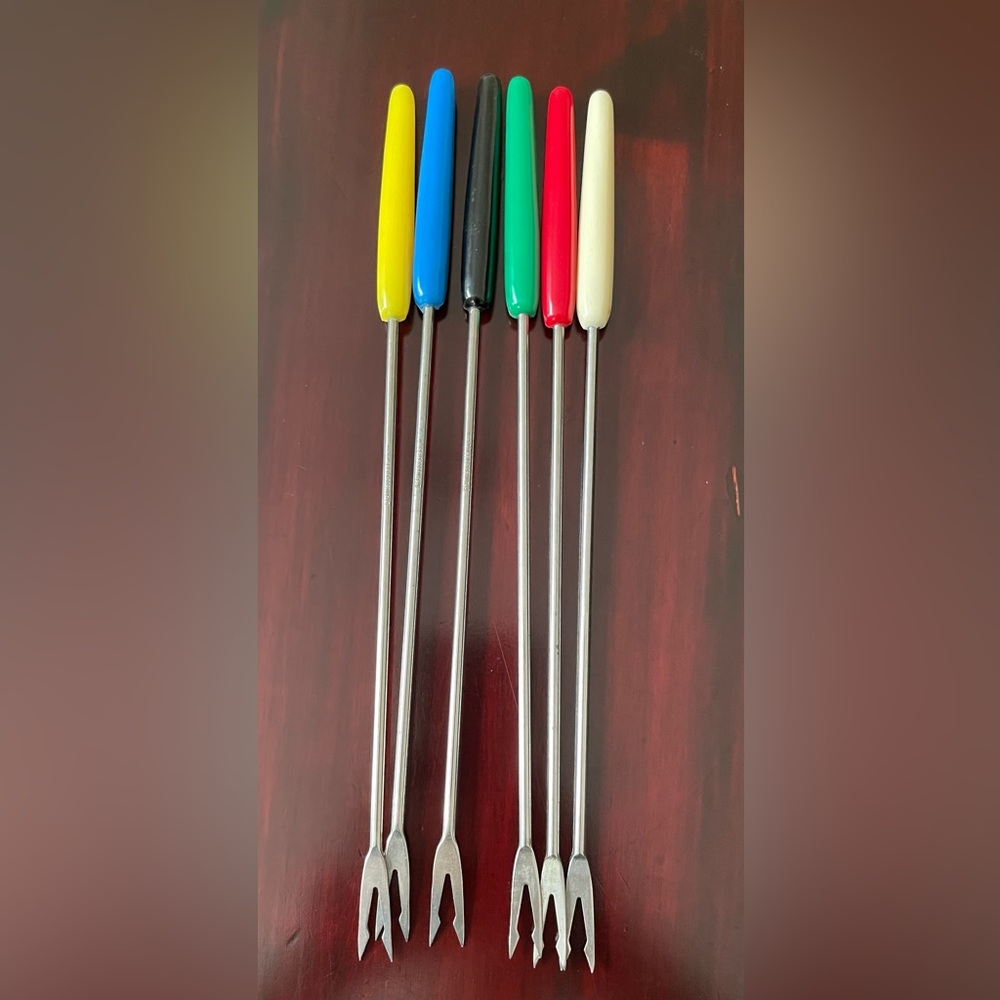 Set Of 6 Vintage Coloured Fondue Forks